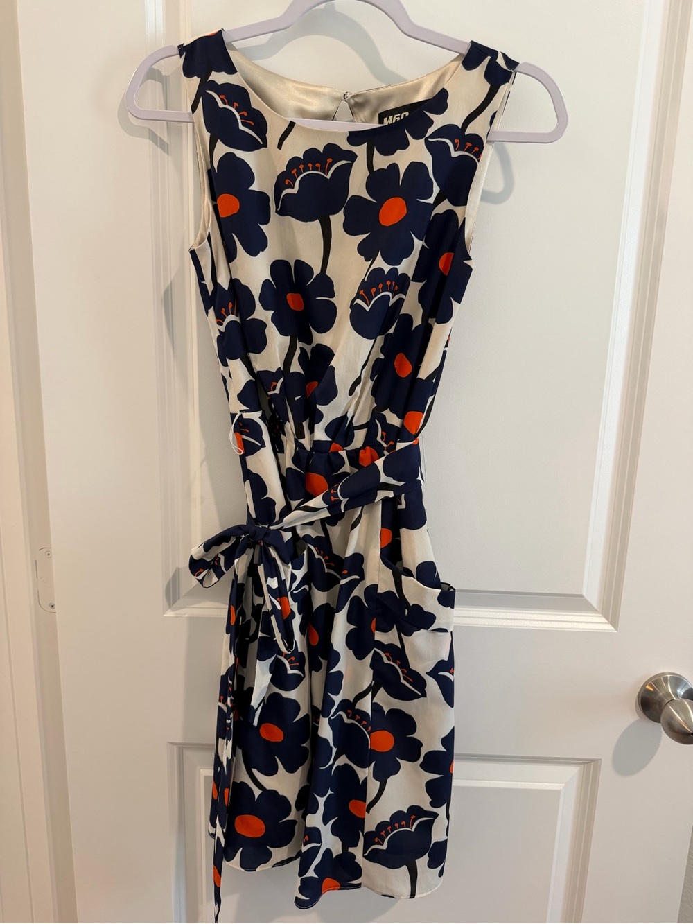 Miss Sixty Navy Floral Tie-Waist Dress with Orange Accents on Cream